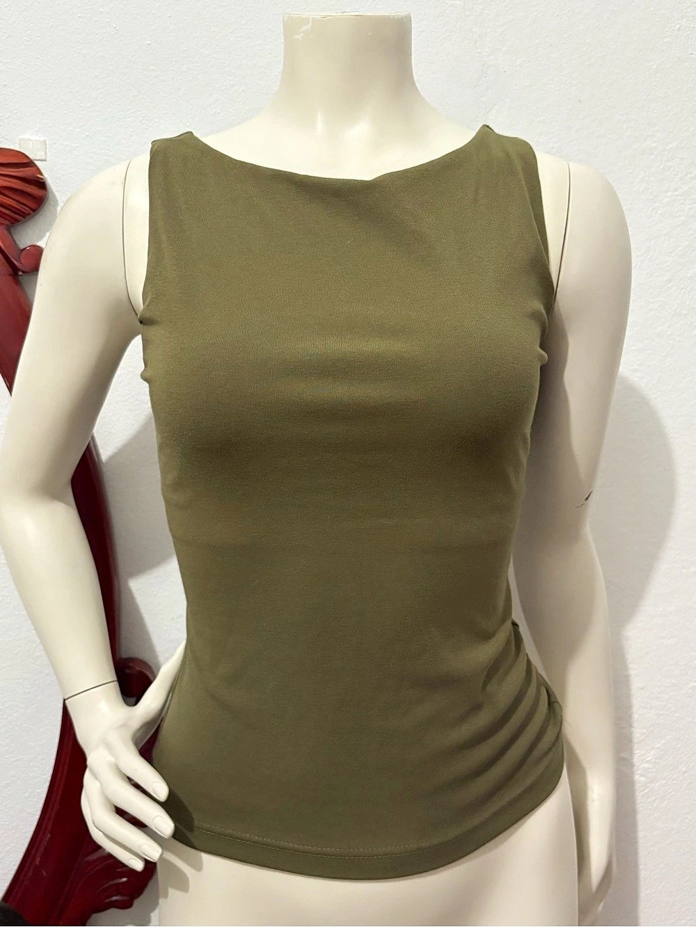 OGL Cotton Blend Boat Neck Bra Stretchy Boho Tank Top Dark Green Small